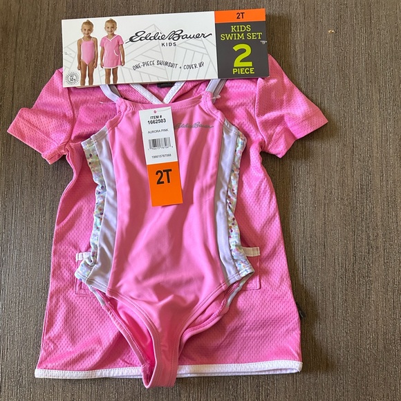 Eddie Bauer Kids One-Piece Pink/White/Floral Swimsuit Plus Cover Up Nwt - Picture 6 of 7